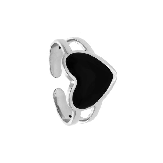 Bague Bellablack en acier inoxydable argenté avec pierre onyx noire en forme de cœur - Design minimaliste et épuré