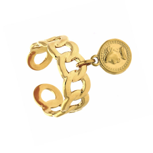 Bague chaîne dorée César en acier inoxydable avec médaille ronde en relief