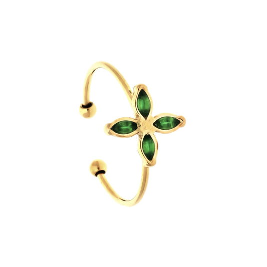 Bague trèfle zircons dorée en acier inoxydable, vue de face sur fond blanc