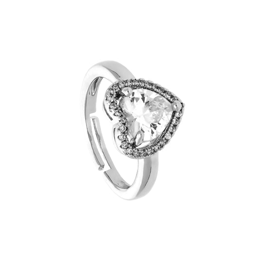 Bague cœur argentée ajustable avec oxyde de zirconium, vue trois quarts