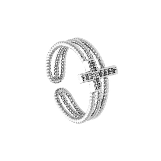 Bague croix argentée ajustable en acier avec zirconiums, vue de face