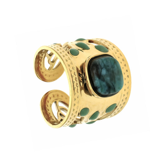 Bague dorée pierres naturelles Galisto en acier inoxydable, vue de face