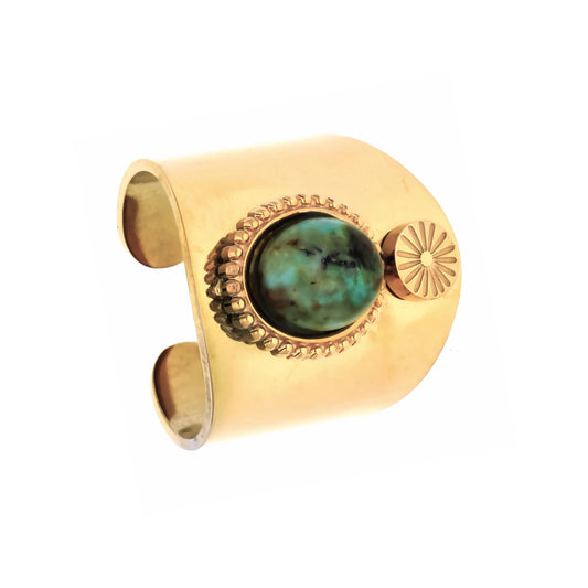 Bague ajustable dorée avec pierre malachite ovale Hespéride vue de face