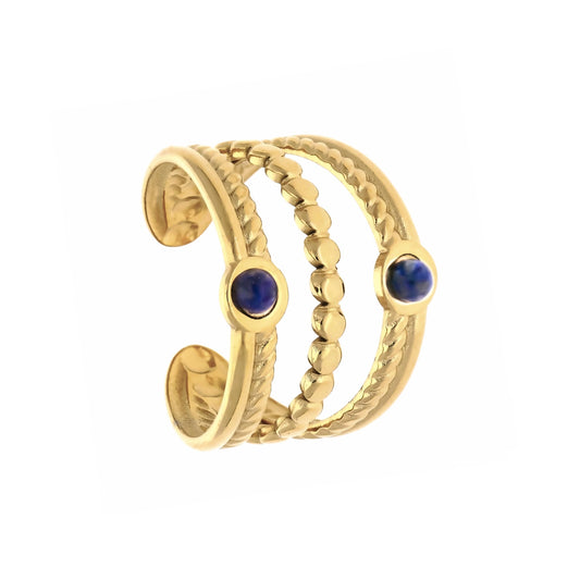 Bague lapis-lazuli dorée Meriblue multi-rangs vue de face