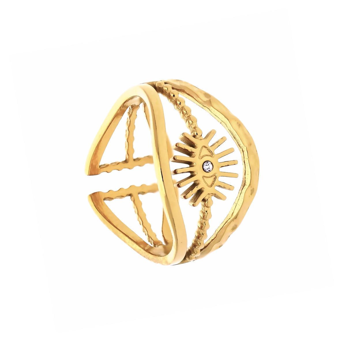 Bague soleil dorée Mystic avec zirconium transparent, vue de face