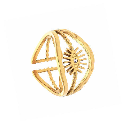 Bague soleil dorée Mystic avec zirconium transparent, vue de face