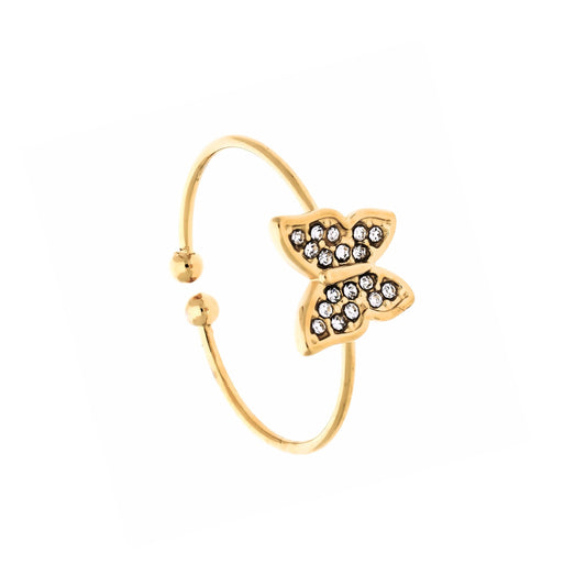 Bague papillon dorée ajustable avec oxydes de zirconium, vue de face sur fond blanc