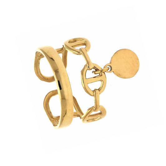 Bague dorée ajustable Solo en acier inoxydable avec maillons ajourés et médaille ronde, vue de face