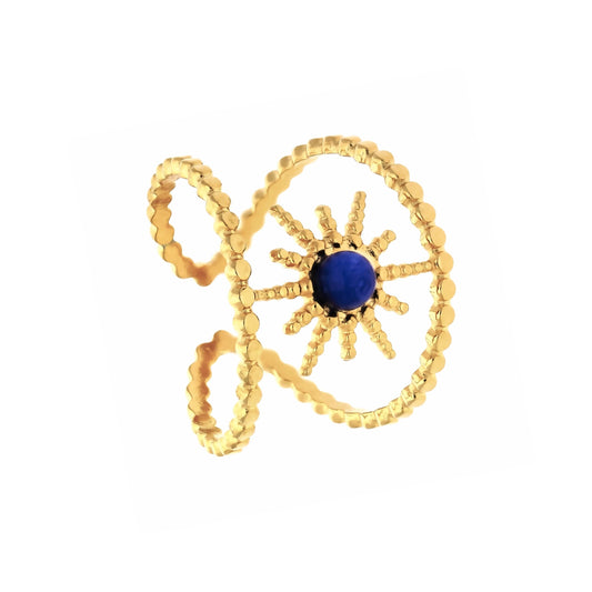 Bague dorée lapis-lazuli Sonya ajustable avec motif solaire ajouré, vue de face