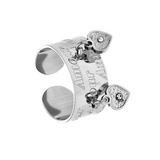 Bague argentée cœur Stella en acier inoxydable, vue de face