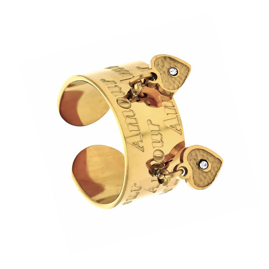 Bague dorée cœur Stella en acier inoxydable avec inscriptions Amour et deux charms cœur