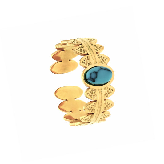 Bague dorée pierre turquoise Tillia avec motif végétal, vue de face