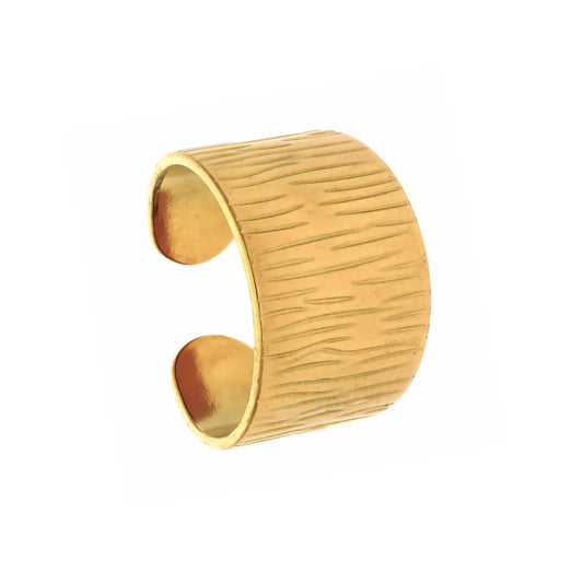 Bague dorée ajustable Uranus en acier inoxydable, vue de trois quarts