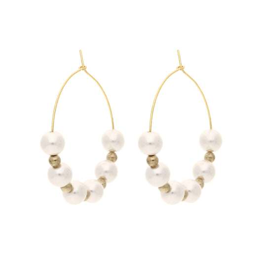 Boucles d'oreilles créoles Bénédicte en perles de nacre blanche montées sur acier inoxydable doré