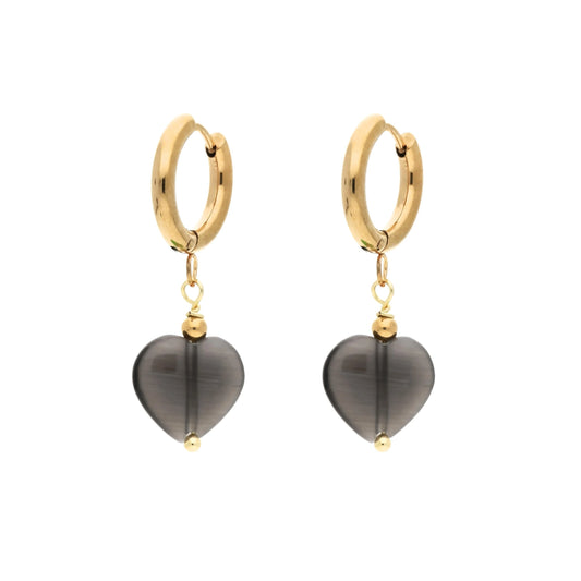 Boucles d'oreilles créoles Coeur Tendre Noir en acier inoxydable doré avec pendentif cœur pierre noire