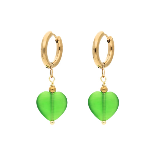 Boucles d'oreilles créoles Cœur Pomme en acier inoxydable doré avec pendentif cœur en pierre verte pomme, fabriquées en France