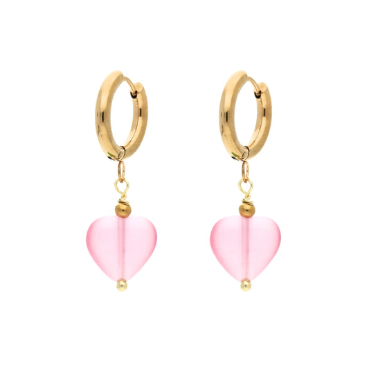 Boucles d'oreilles créoles en acier inoxydable doré avec pendentif en forme de cœur en pierre rose — bijou artisanal Made in France
