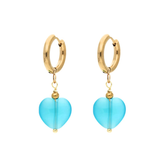 Boucles d'oreilles créoles coeur turquoise en acier inoxydable doré avec pendentif cœur pierre turquoise — Les Inséparables