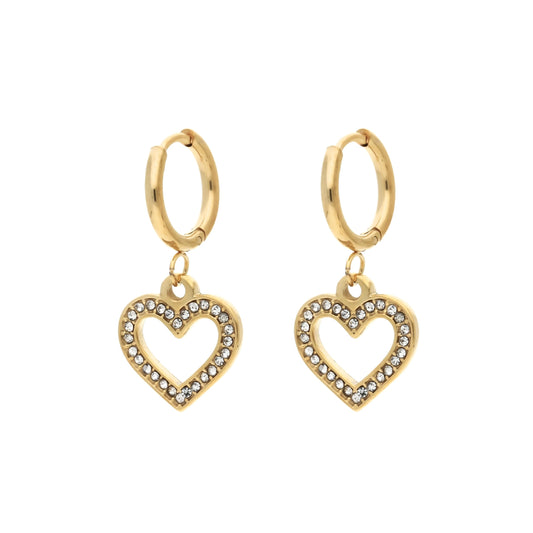 Boucles d'oreilles créoles Emma en acier inoxydable doré avec pendentif cœur serti de cristaux scintillants