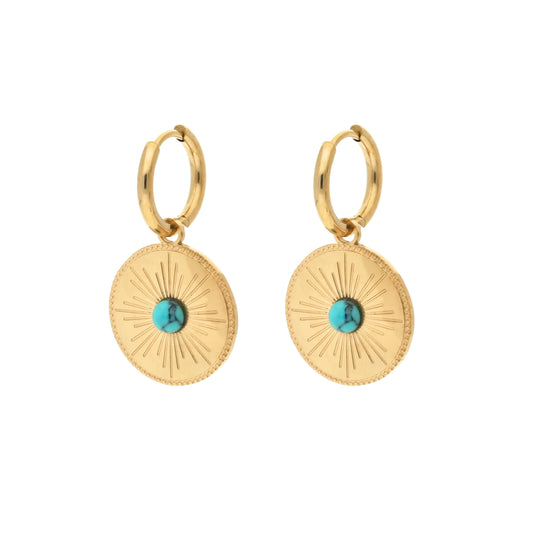 Boucles d'oreilles créoles Mérida en acier inoxydable doré avec médaillons turquoise et tiges poussoirs sécurisés