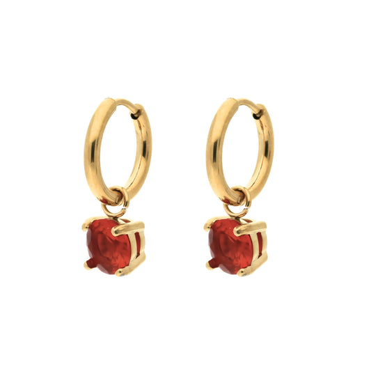 Boucles d'oreilles créoles Trendy Rouge Doré en acier inoxydable doré avec pierres en oxyde de zirconium rouge - bijoux artisanaux Les Inséparables