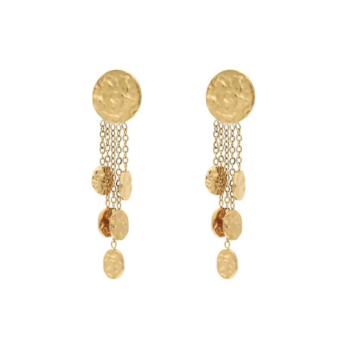 Boucles d'oreilles pendantes cascade en acier inoxydable dorées avec multiples chaînes lisses et disques martelés texturés créant un effet cascadant élégant