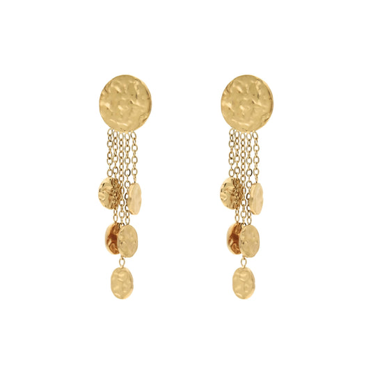 Boucles d'oreilles pendantes cascade en acier inoxydable dorées avec multiples chaînes lisses et disques martelés texturés créant un effet cascadant élégant