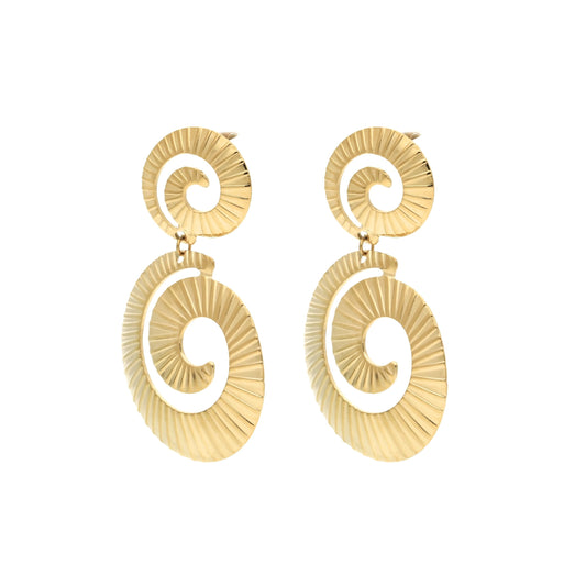 Boucles d'oreilles pendantes Celena en acier inoxydable doré, motifs spirale géométriques, finition brillante