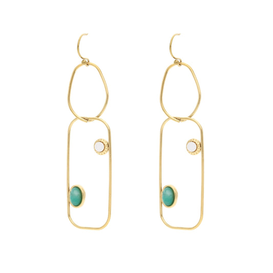 Boucles d'oreilles pendantes Olga en acier inoxydable doré avec pierres turquoise et nacrées, design géométrique minimaliste pour femme