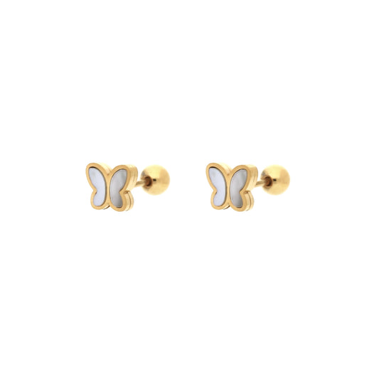 Boucles d'oreilles papillon en nacre blanche et acier inoxydable doré - Puces légères de la marque Les Inséparables