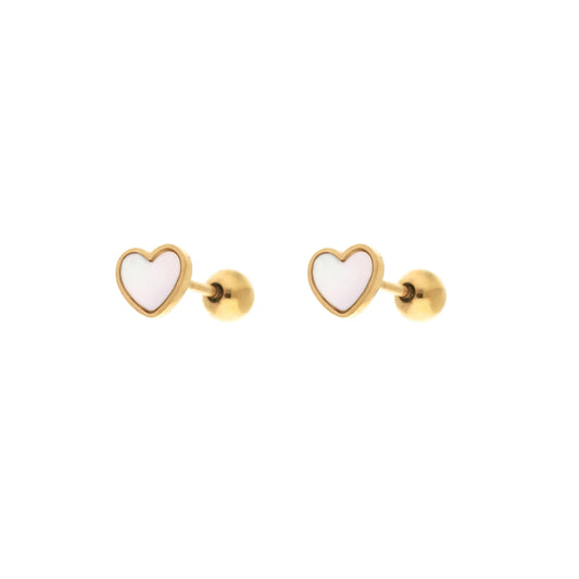 Boucles d'oreilles puces Happiness avec motif cœur en nacre blanche et finition acier inoxydable doré, vue détaillée de la paire.