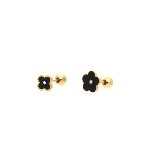 Boucles d'oreilles puces Mignonettes dorées avec motif floral noir et oxyde de zirconium