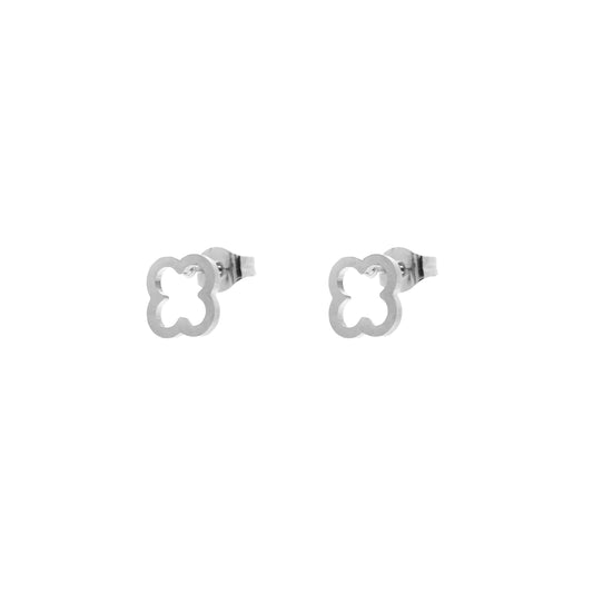 Boucles d'oreilles puces trèfles argentés ajourés en acier inoxydable vue de face