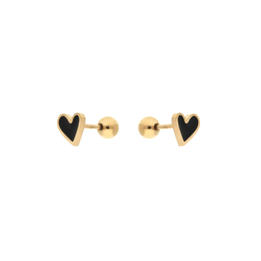 Boucles d'oreilles puces Viva Noir - acier inoxydable doré avec motif cœur noir élégant