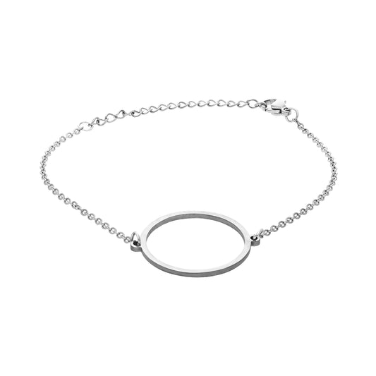 Bracelet cercle argenté en acier inoxydable avec chaîne ajustable, vue de face