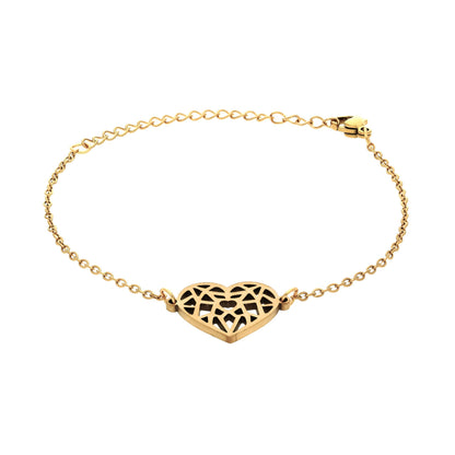 Bracelet cœur doré en acier inoxydable Glamia avec pendentif ajouré, chaîne réglable et fermoir mousqueton, vue de face