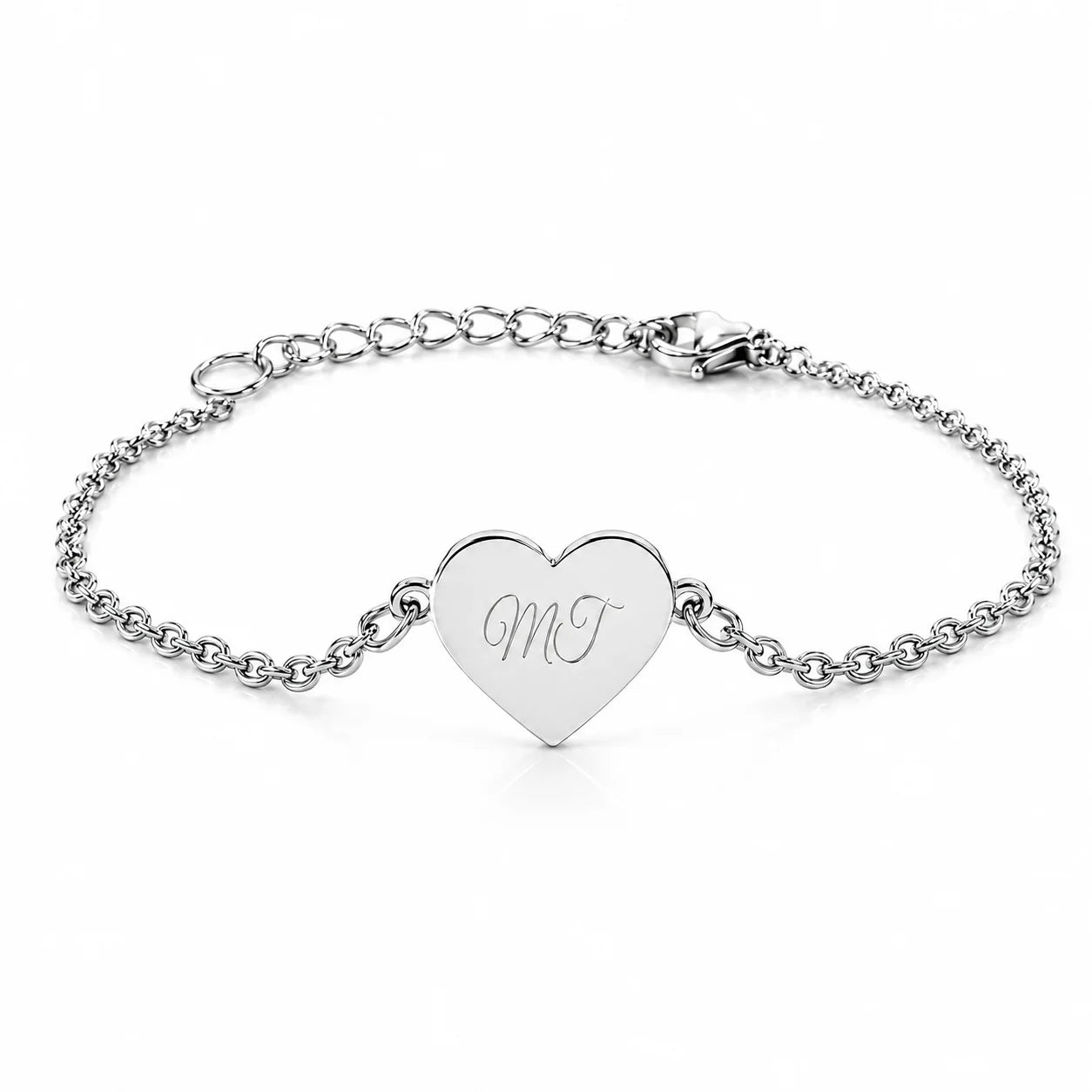 Bracelet cœur gravure en acier inoxydable argenté avec pendentif cœur poli prêt à être gravé