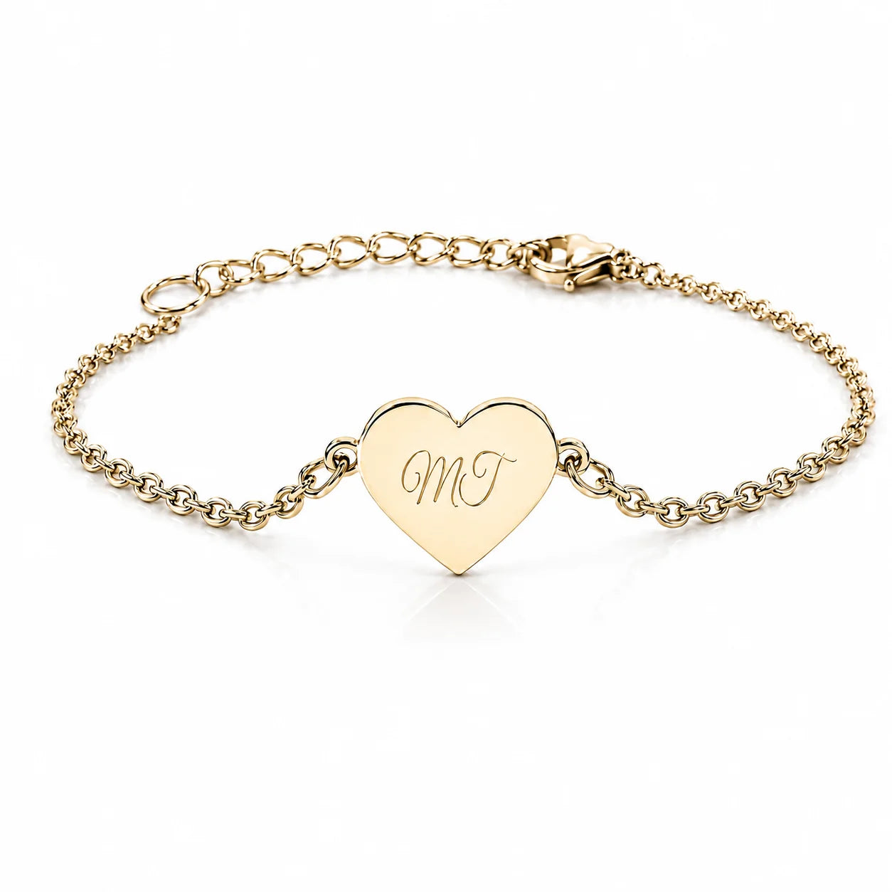 Bracelet cœur personnalisable en acier doré avec gravure sur chaîne fine ajustable, bijou personnalisé pour cadeau.