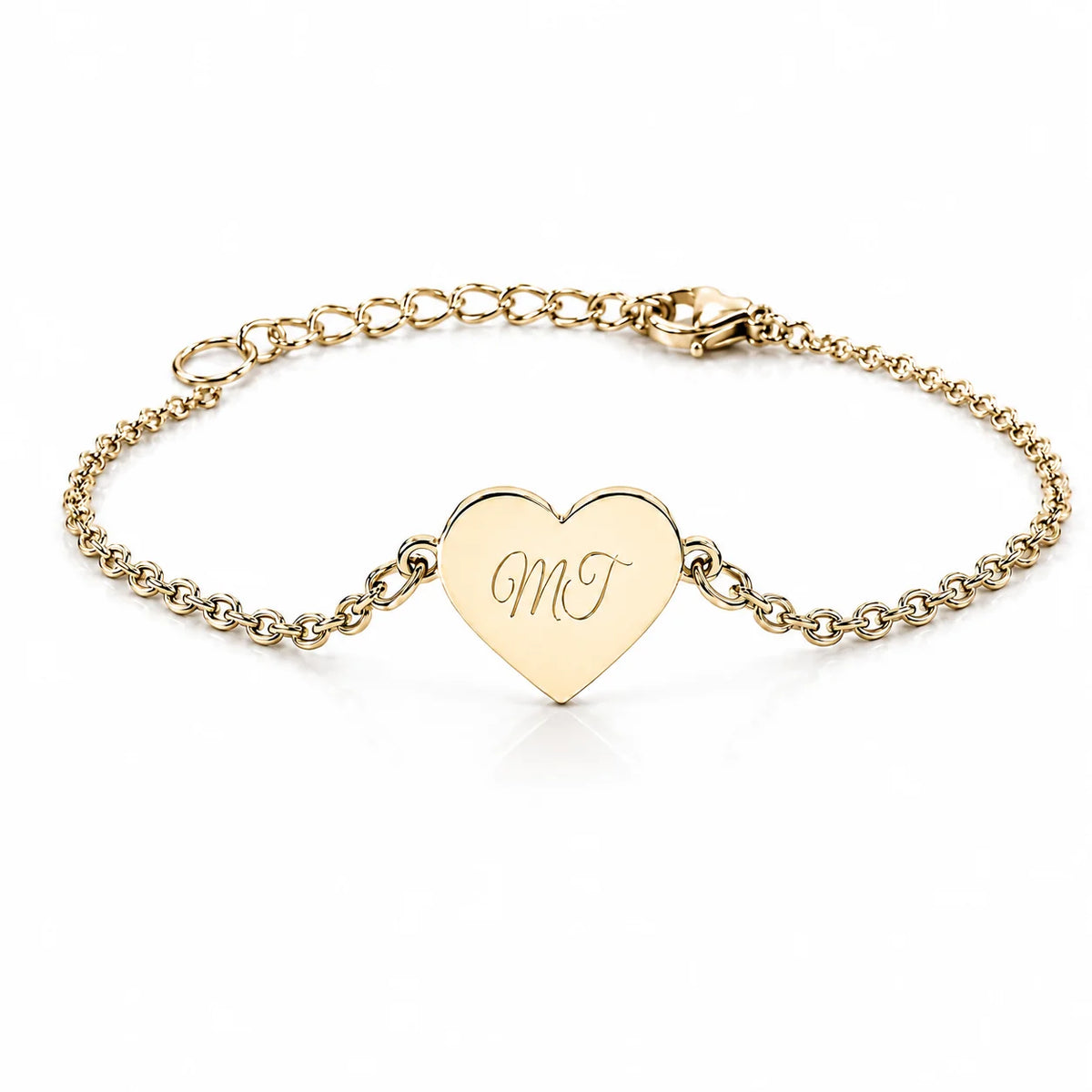 Bracelet cœur personnalisable en acier doré avec gravure sur chaîne fine ajustable, bijou personnalisé pour cadeau.
