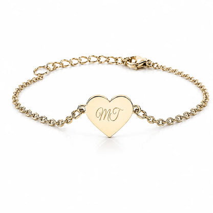 Bracelet cœur personnalisable en acier doré avec gravure sur chaîne fine ajustable, bijou personnalisé pour cadeau.