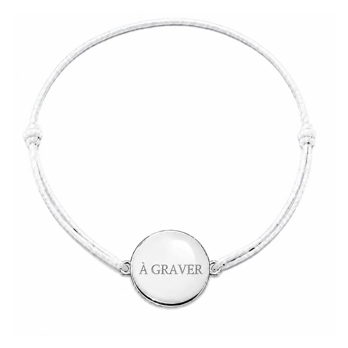 Bracelet cordon mixte et ajustable personnalisé avec médaille argentée à graver et cordon blanc