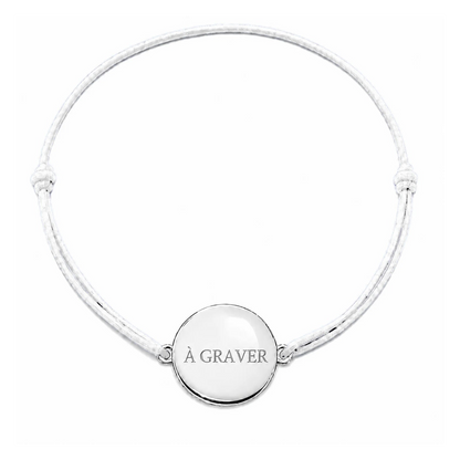Bracelet cordon mixte et ajustable personnalisé avec médaille argentée à graver et cordon blanc