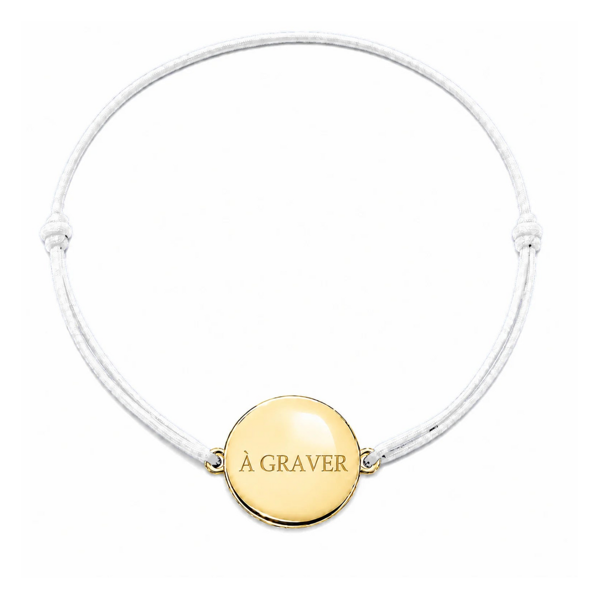 Bracelet cordon mixte et ajustable personnalisé avec médaille dorée à graver et cordon blanc