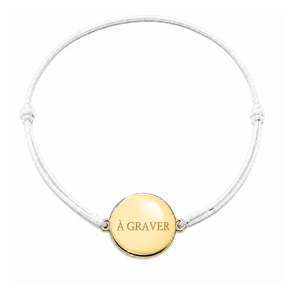 Bracelet cordon mixte et ajustable personnalisé avec médaille dorée à graver et cordon blanc