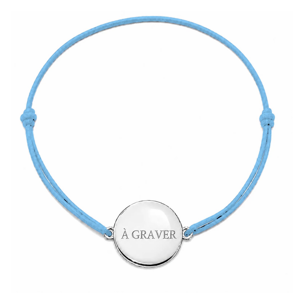 Bracelet cordon mixte et ajustable personnalisé avec médaille argentée à graver et cordon bleu clair
