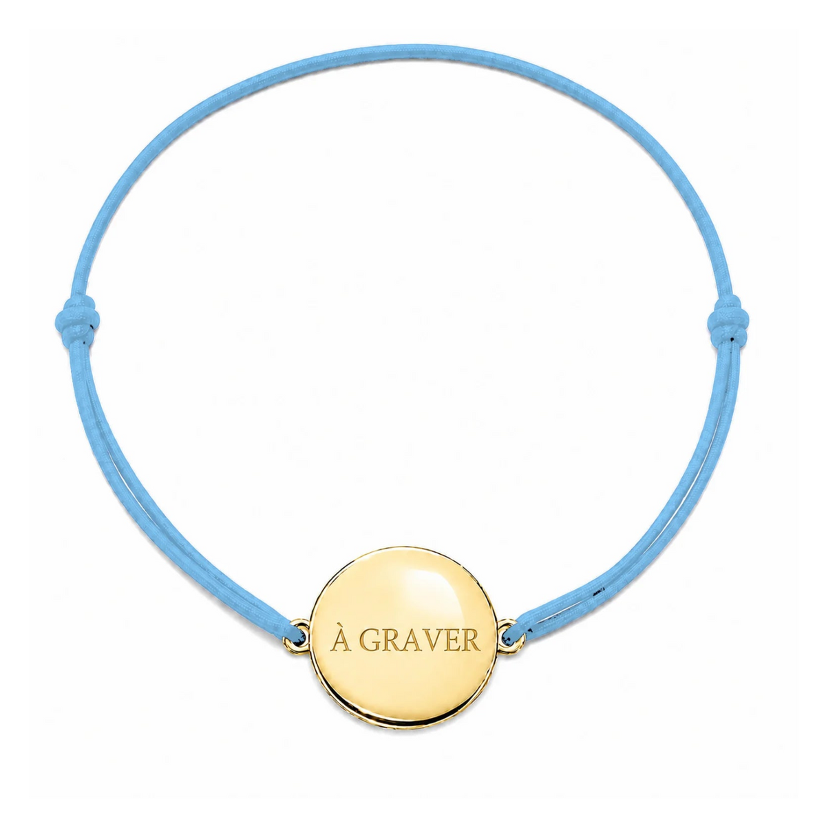 Bracelet cordon mixte et ajustable personnalisé avec médaille dorée à graver et cordon bleu clair