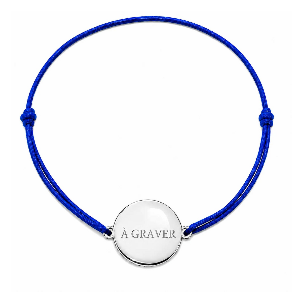 Bracelet cordon mixte et ajustable personnalisé avec médaille argentée à graver et cordon bleu roi