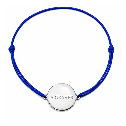 Bracelet cordon mixte et ajustable personnalisé avec médaille argentée à graver et cordon bleu roi