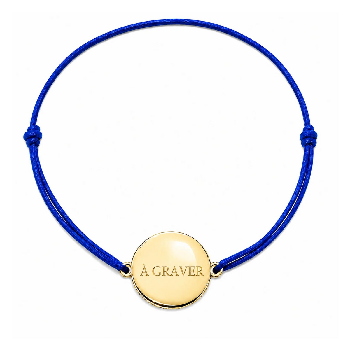 Bracelet cordon mixte et ajustable personnalisé avec médaille dorée à graver et cordon bleu roi