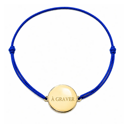 Bracelet cordon mixte et ajustable personnalisé avec médaille dorée à graver et cordon bleu roi